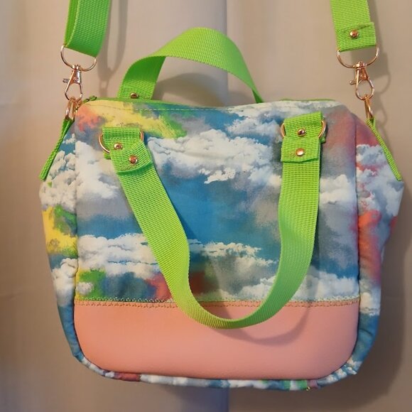 New Rainbow Clouds Sky print Crossbody Stachel Purse Bag Small Blue Pink Green - Picture 9 of 11